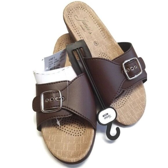 Junies Comfort Slip On Wedge Sandals Womens Size 8 Brown Single Buckle - Picture 1 of 4
